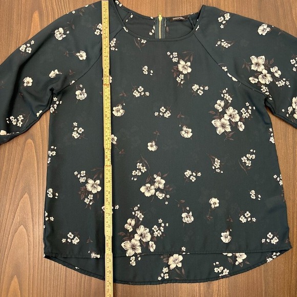 Papermoon Floral Blouse Large Dark Teal Scoop Neck 3/4 Sleeve Tie Cuff Top - Picture 13 of 14